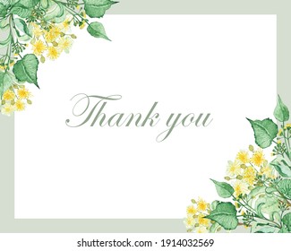 Watercolor hand painted nature floral frame with yellow lime blossom flowers and green leaves on branches bouquet on the white background with green border line and thank you text for greeting card