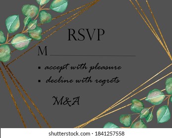 Watercolor Hand Painted Nature Geometric Frame With Green Eucalyptus Leaves On Branch And Golden Border Lines On Grey Background For Wedding Invitation Card With Rsvp Accept And Decline Text