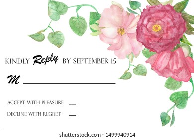 Watercolor Hand Painted Nature Wedding Invitation Rspv With Pink Flowers Pion Bouquet And Green Leaves And Ivy Branches, Reply For Guests With Text Accept And Decline Lines On The White Background