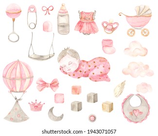 Watercolor hand painted newborn girl set  with cute sleeping baby, stroller, balloon, bottle, pacifier, bow, bib, clouds. Design for baby shower, textile, print, nursery decor, children decoration - Powered by Shutterstock