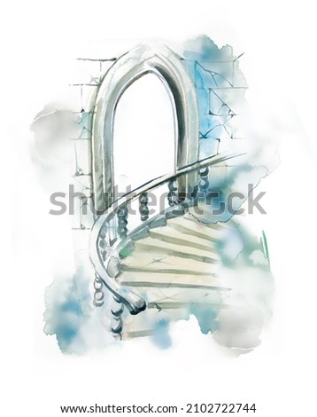 Watercolor hand painted old castle with stairs illustration isolated on a white background. Mysterious mid century fort. Medieval architecture clipart.