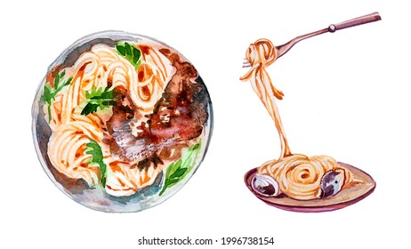 Watercolor hand painted pasta illustrations set.Italian food concept.Spaghetti with seafood design.Menu illustration. - Powered by Shutterstock