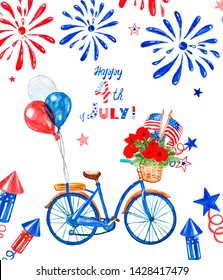 Watercolor hand painted patriotic bicycle with US flags, red, white and blue balloons, poppy flowers in a basket. Decorative banner with symbols of 4th of July. Fireworks and salutes holiday card.