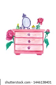 Watercolor Hand Painted Pink Commode And Flowers Illustration Isolated On White For Your Art.Is Good For Post Cards,home Decoration,prints,invitation,elements Of Design.