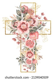 Watercolor hand painted Pink Florals Cross Clipart, Easter Religious flowers illustration, Baptism Cross clip art, Holy Spirit clipart, golden frame