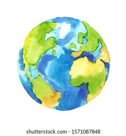 Watercolor hand painted planet Earth isolated on white background. Symbol of life, nature, foundation, ecology, international events. Hand drawn watercolour paint