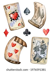 Watercolor hand painted playing cards set  Illustration isolated white background  Use it for postcards  invitations    scrapbooking