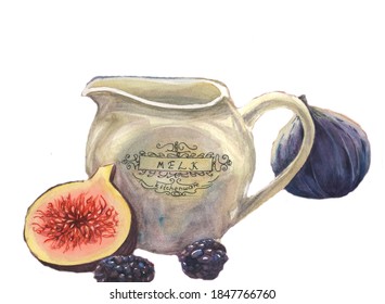 Watercolor Hand Painted Porcelain. Vintage Tableware. Fig. The Milkman Beige.Half A Fig.