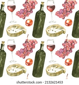 Watercolor Hand Painted Red Wine, Grapes, Peaches, Cheese Seamless Pattern. Texture Of Bottles And Wineglass Objects Isolated On White Background. Wallpaper Of Food Clipart Elements For Restaurant.