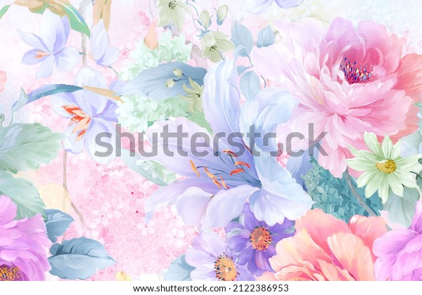 Watercolor hand painted roses, peonies, Paisley flowers, butterflies
