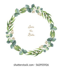 Watercolor hand painted round wreath with eucalyptus leaves and branches. Healing Herbs for cards, wedding invitation,  save the date or greeting design. Summer flowers with space for your text.