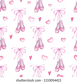 Watercolor Hand Painted Seamless Pattern Of Ballet Slippers.