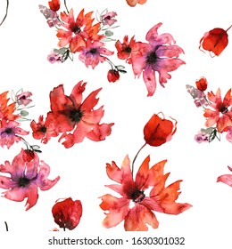 Watercolor hand painted seamless pattern with red flowers on a white background
