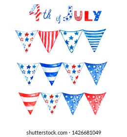 Watercolor Hand Painted Set Of Flag Garlands, Isolated On White Background. Flags With Red, White And Blue Stras And Stripes. Festive Fourth Of July Patriotic Bunting For Cards Design, Invitations. 