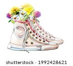 Watercolor hand painted shoes with field flower bouquets. Free spirit concept. Summer themed illustration.