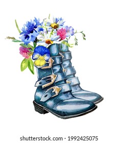 Watercolor hand painted shoes with field flower bouquets. Free spirit concept. Summer themed illustration.