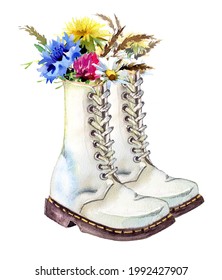 Watercolor hand painted shoes with field flower bouquets. Free spirit concept. Summer themed illustration.