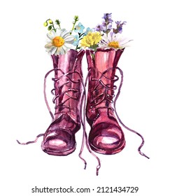Watercolor hand painted shoes with field flower bouquets. Free spirit concept. Leather boots withheld flowers. Freedom concept. Summer themed illustration.