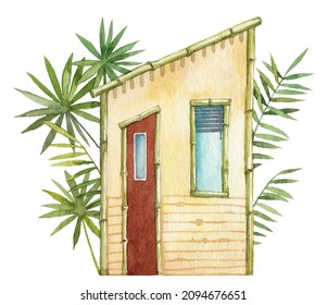 Watercolor Hand Painted Small House Front View. Tiny Beach Hut With Bamboo And Green Tropical Palm Leaves On The Background. Card Design And Art Print