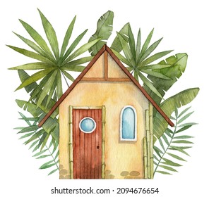 Watercolor Hand Painted Small House Front View. Tiny Beach Hut With Bamboo And Green Tropical Palm Leaves On The Background. Card Design And Art Print