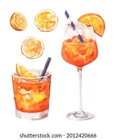 Watercolor Hand Painted Spritz Cocktail Glass With Orange Fruit Simple Sketch Illustration On White Background