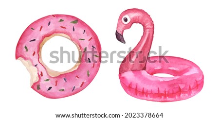 Watercolor hand painted summer flamingo and donut beach floats simple sketch illustration on white background