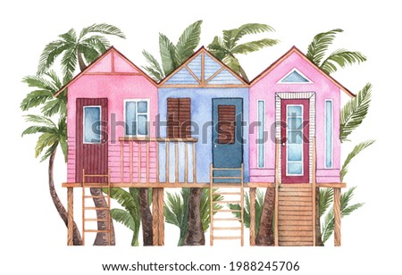 Watercolor hand painted summertime illustration. Front view three bungalow staying on piles with ladder. Palm trees on background. Tiny beach houses. Illustration for post card, souvenirs and wall art