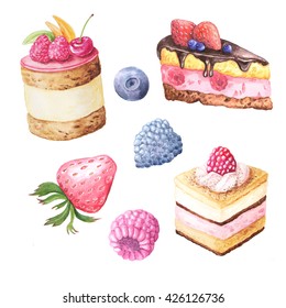 Watercolor hand painted sweet and tasty cake with raspberries, blueberry and other berries.  Fruit dessert can be used for card, postcard, wedding card, invitation, birthday card, menu, recipe. 