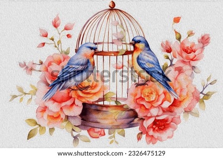 Watercolor hand painted vintage, birds sitting in a cage with flowers, illustration isolated on a white background.