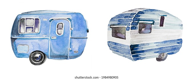 Watercolor Hand Painted Vintage Camping Van Clipart Isolated On A White Background. Tourist Concept Illustration. Camper Design.