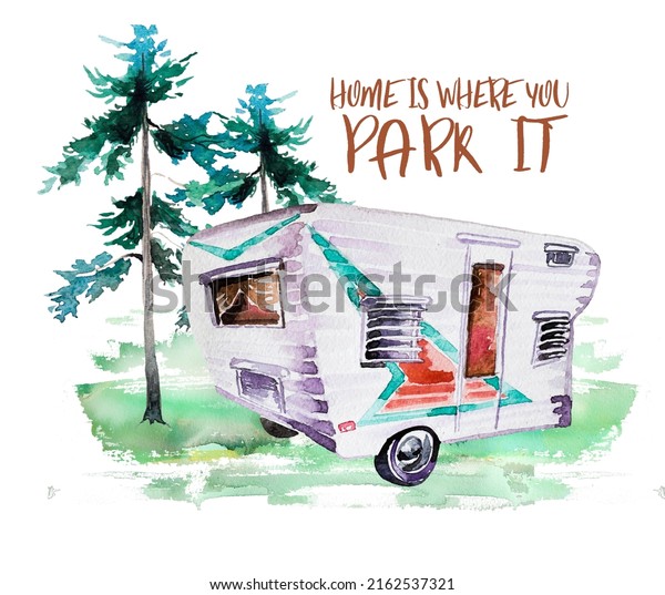 Watercolor hand painted vintage camping van\
and forest clipart isolated on white background. Tourist concept\
illustration. Happy camper design for t-shirt,mug,fabric. Vintage\
vehicle\
illustration.