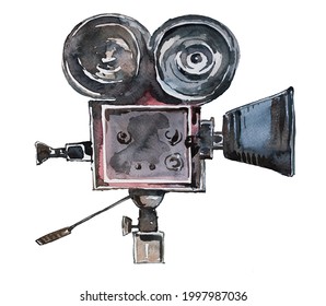 Watercolor Hand Painted Vintage Video Camera Illustration. Cinema Concept Design. Retro Movie Clipart.