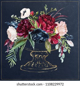 Watercolor Hand Painted Wedding Romantic Illustration On Navy Background - Vintage Gold Vase / Pot Of Flowers. Floral Bouquet Composition. Pink Peonies, Blush Anemones, Maroon Roses. Decoration.