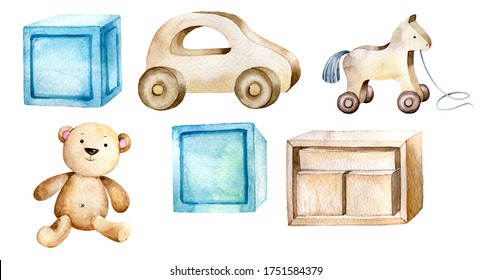 Watercolor hand painted wooden toys, little boys toys