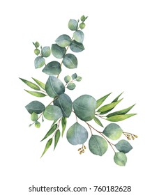 Watercolor hand painted wreath with green eucalyptus leaves and branches. Spring or summer flowers for invitation, wedding or greeting cards.