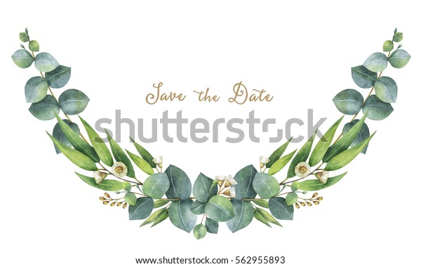 水彩手描きのリースで ユーカリの葉 と枝を緑色に塗ります カード 結婚式の招待状 ポスター 日付を保存するハーブ 春または夏の花 テキスト用のスペースがあります のイラスト素材