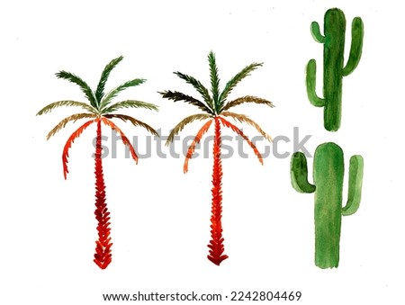 watercolor hand painting of coconut trees and cacti.