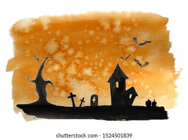 Watercolor Hand Painting In Halloween Theme. Halloween Background Watercolor. Cemetary In Autumn.