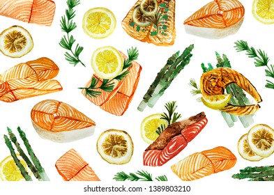 Watercolor Hand Painting Salmon Food Set Stock Illustration 1389803210 ...