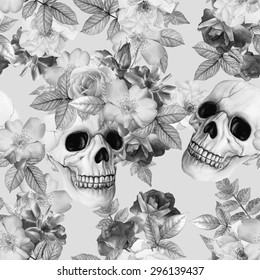Watercolor hand  drawn black   white illustration  Monochrome picture  Halloween background and human skulls   roses  Floral seamless pattern