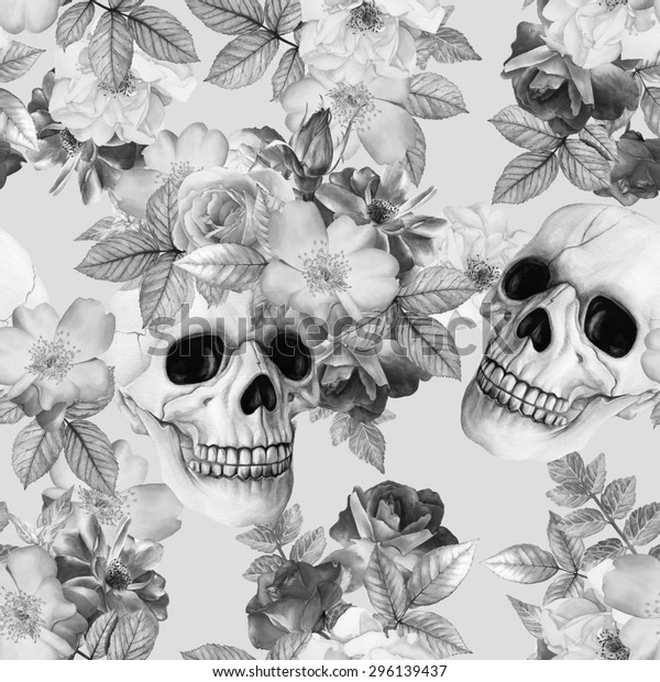 水彩手描きの白黒のイラスト モノクロ画像 人間の頭蓋骨とバラのあるハロウィーンの背景 シームレスな花柄 のイラスト素材