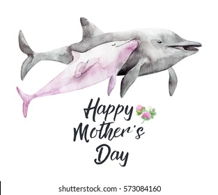 Watercolor hand-drawn card for Mother's Day. Hand painted realistic illustration animals isolated on white background. Dolphin with a baby.