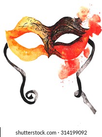 Watercolor Hand-drawn Carnival Mask , Orange- Red , Covered With Delicate Black Lace Pattern