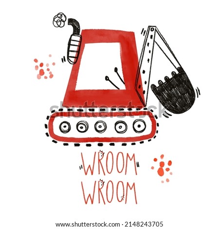 Watercolor hand-drawn children's illustration, poster, print with a cute red truck and lettering wroom in Scandinavian style. Building equipment. Funny construction transport. Car. Charcoal.