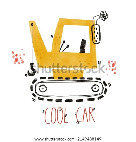 Watercolor hand-drawn children's illustration, poster, print with a cute truck and lettering cool car in Scandinavian style. Building equipment. Funny construction transport. Car. Boho. Charcoal.