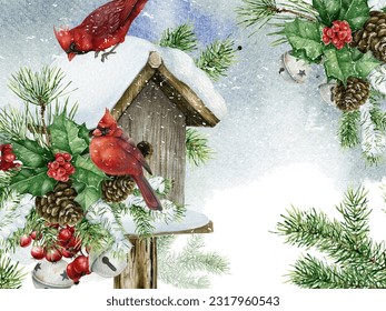 Watercolor hand-drawn Christmas composition with red Cardinal bird, wooden birdhouse, fir cone and branches, red berries, and snow. Winter scene, holiday background - Powered by Shutterstock