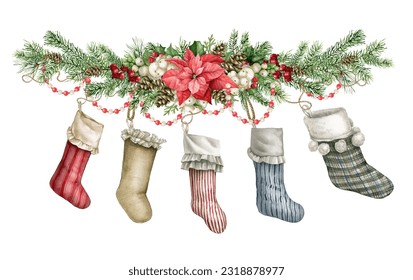 Watercolor hand-drawn Christmas stocking postcard. Xmas socks family print. Traditional Xmas vintage style Christmas socks fireplace stocking banner - Powered by Shutterstock