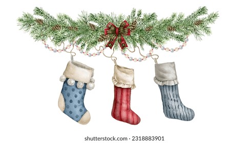 Watercolor hand-drawn Christmas stocking postcard. Xmas socks family print. Traditional Xmas vintage style Christmas socks with fir branches, fireplace stocking banner  - Powered by Shutterstock