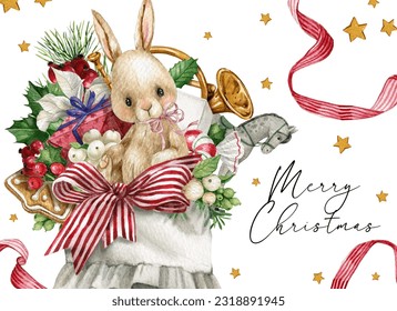 Watercolor hand-drawn Christmas stocking postcard. Christmas gift bag with toy, bunny, pipe, rocking horse, poinsettia flower, bow, gift boxes, leaves and berries. Traditional Xmas vintage style. - Powered by Shutterstock