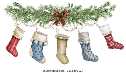 Watercolor hand-drawn Christmas stocking postcard. Xmas socks family print. Traditional Xmas vintage style Christmas socks with fir branches, fireplace stocking banner  - Powered by Shutterstock